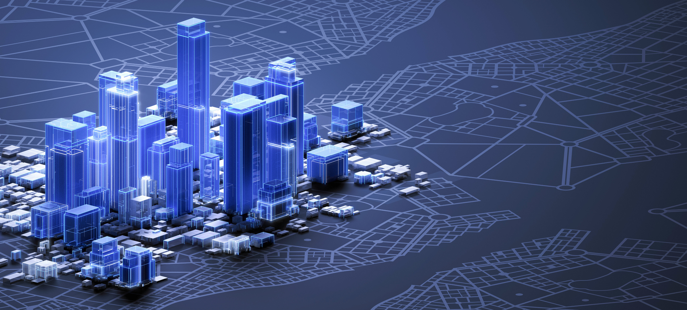 Illustration of digital designs of a city.